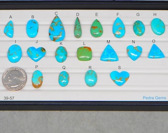 May include: A collection of turquoise gemstones in various shapes, including teardrop, oval, and heart. The stones are a vibrant blue-green color with brown matrix patterns. A quarter is included for size reference. The gemstones are arranged in a tray.