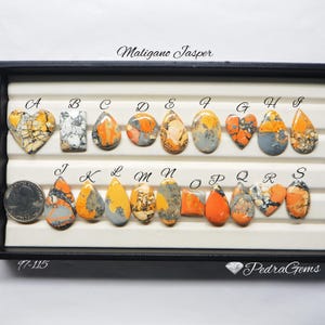 Op de afbeelding: Een verzameling Maligano Jaspis edelstenen in diverse vormen, waaronder harten, druppels en ovalen. De stenen hebben patronen in oranje, geel, grijs en wit. De tekst "Maligano Jasper" en "Pedra Gems" is inbegrepen.