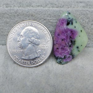 May include: A polished gemstone with a quarter dollar coin for size comparison. The gemstone features a vibrant mix of colors, including a deep purple, light green, and black speckles. The stone has a smooth, rounded shape.