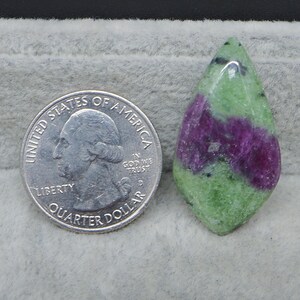 May include: A teardrop-shaped gemstone with a vibrant mix of colors. The stone features a striking combination of green and deep purple hues, with small black inclusions. A quarter dollar coin is next to the gemstone for size comparison.