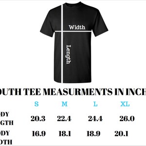 May include: Youth tee size chart in inches, showing body length and width measurements for sizes S, M, L, and XL.