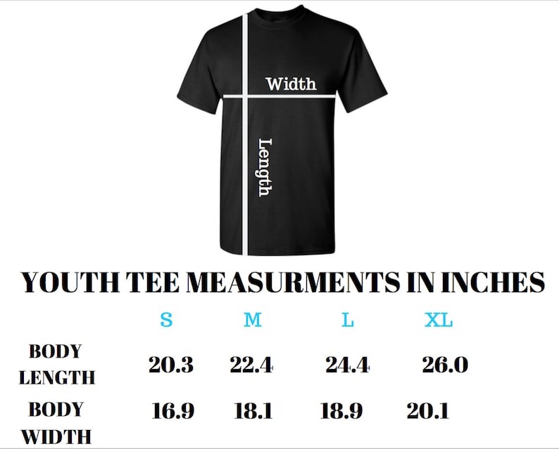 May include: Youth tee size chart in inches, showing body length and width measurements for sizes S, M, L, and XL.