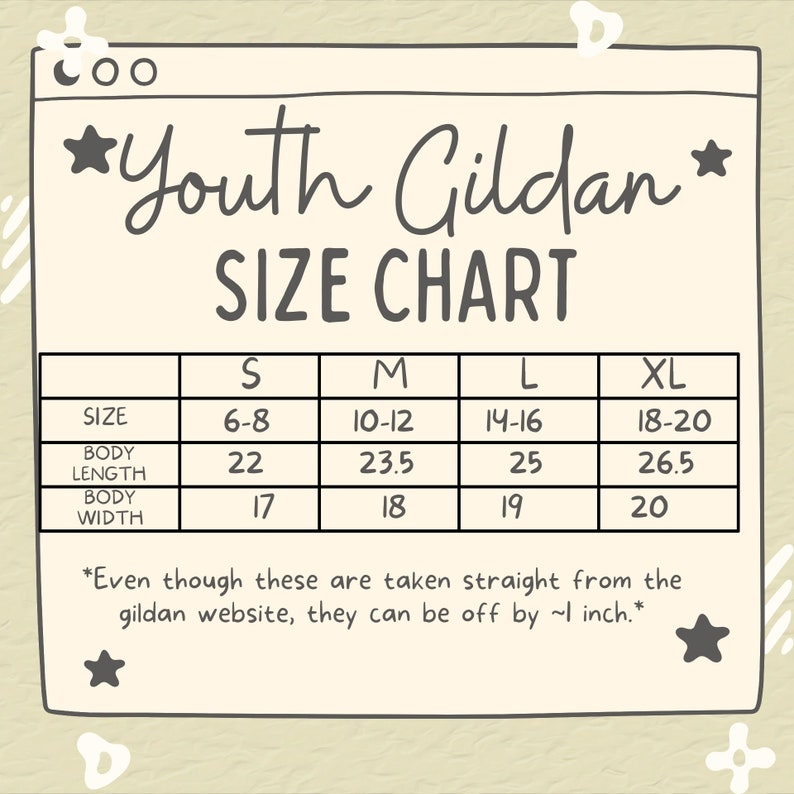 May include: Youth Gildan size chart for t-shirts, showing body length and width measurements in inches for sizes S, M, L, and XL. The chart notes that measurements may vary slightly.