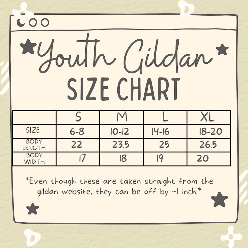 Puede incluir: Una tabla de tallas para ropa Youth Gildan, sobre un fondo crema. Muestra las tallas S, M, L y XL, con medidas de largo y ancho del cuerpo en pulgadas. El texto indica que las medidas pueden variar ligeramente.