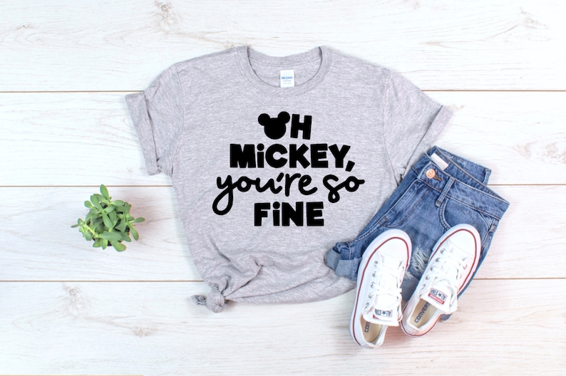 May include: A gray t-shirt with a black Mickey Mouse head and the text "Oh Mickey, you're so fine" printed on it.