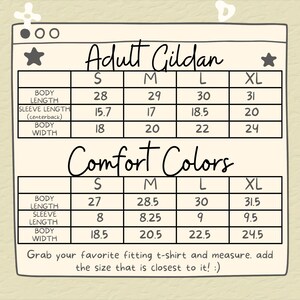 May include: Size chart for adult Gildan t-shirts in sizes S, M, L, and XL. The chart shows body length, sleeve length, and body width in inches. The chart also includes a section for Comfort Colors t-shirts.