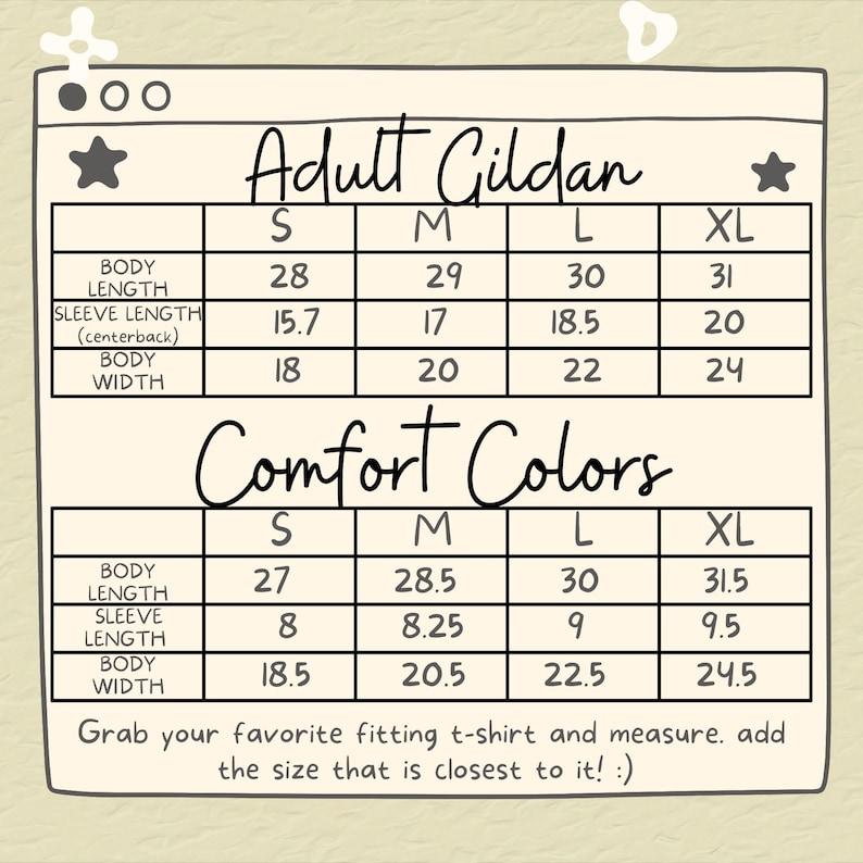 May include: Size chart for adult Gildan t-shirts in sizes S, M, L, and XL. The chart shows body length, sleeve length, and body width in inches. The chart also includes a section for Comfort Colors t-shirts.