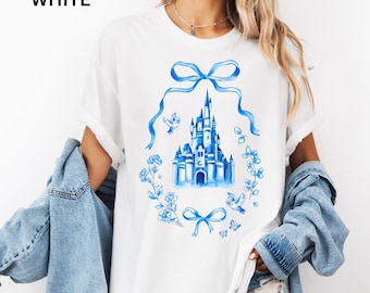 Grandmillenial Disney Castle-shirt, comfortkleuren Disney-shirt, Magic Kingdom Coquette Bow-shirt, Cinderellas Castle, oversized Disney-T-shirt