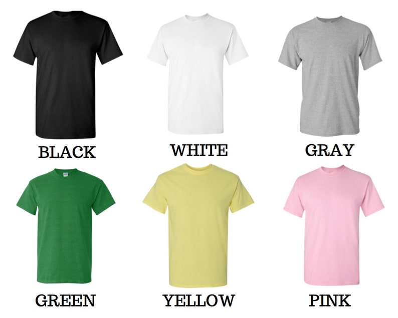 May include: Six plain t-shirts in different colors: black, white, gray, green, yellow, and pink. The shirts are all the same style, with short sleeves and a crew neck.