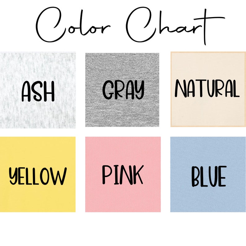 May include: Color chart showing six different fabric colors: ash, gray, natural, yellow, pink, and blue.