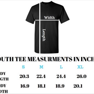 May include: Youth tee size chart in inches, showing body length and width measurements for sizes S, M, L, and XL.