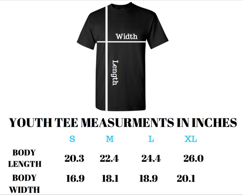 May include: Youth tee size chart in inches, showing body length and width measurements for sizes S, M, L, and XL.