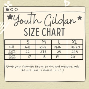 May include: Youth Gildan size chart for t-shirts. The chart shows sizes from S to XL with corresponding body length and width measurements in inches.