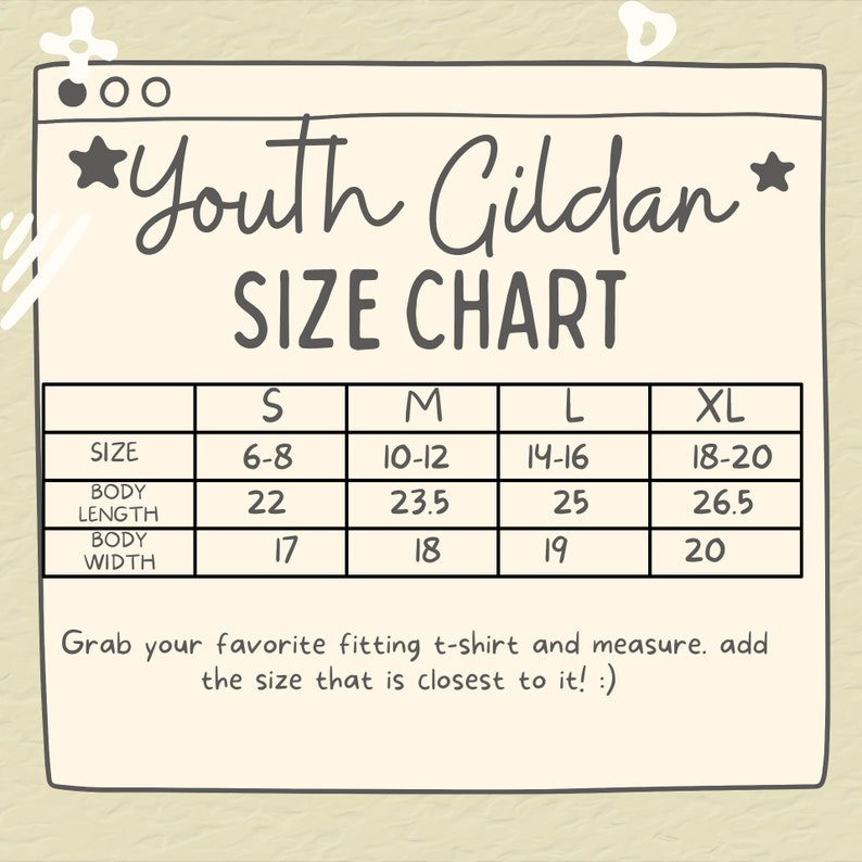 May include: Youth Gildan size chart for t-shirts. The chart shows sizes from S to XL with corresponding body length and width measurements in inches.