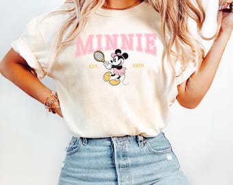 ミニーマウス バーシティTシャツ、女の子用ミニーマウスシャツ、ディズニーワールドシャツ、テニスクラブシャツ、ディズニーバケーション、特大ディズニーTシャツ