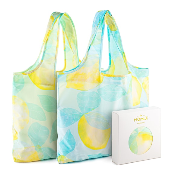 Lemoncello Collection-Reusable Grocery Shopping Bags, Recycle Polyester Lemon in Blue and Yellow