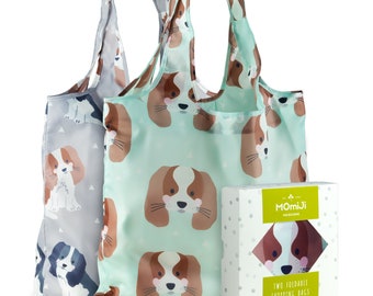Dog Print Reusable Shopping Bags: Foldable Polyester Totes, Set of 2