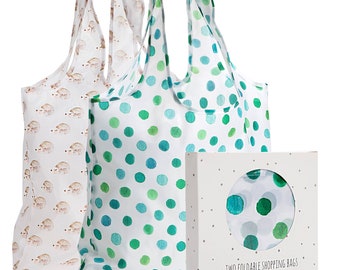 Hedgehog and Dot Collection - Reusable Grocery Shopping Bags, Polyester, Set of 2, with Handles, Large, Foldable Tote Bag Sets, Eco-Friendly
