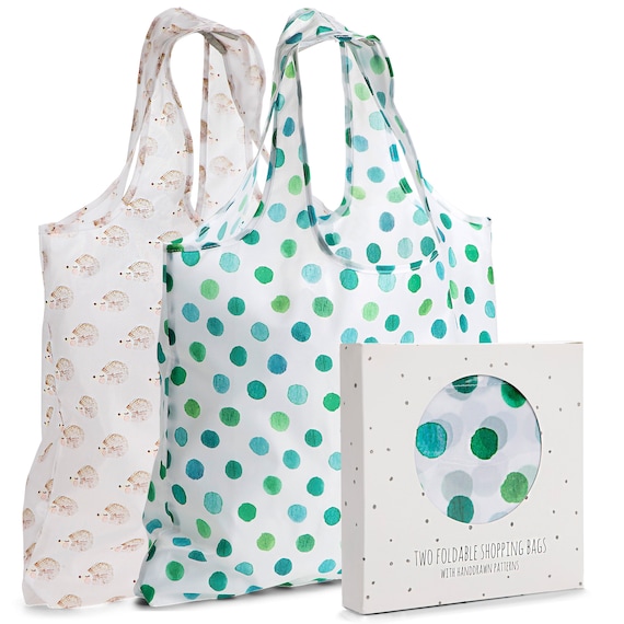 Hedgehog and Dot Collection - Reusable Grocery Shopping Bags, Polyester, Set of 2, with Handles, Large, Foldable Tote Bag Sets, Eco-Friendly