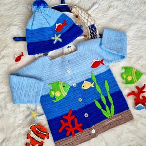 Nautical Themed Baby Cardigan-Beanie Set Cardigan for 1.5-3 years old Child Navy Blue Fish Starfish Sea Themed for Toddler Babies Sweater