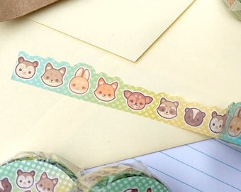 Kawaii Kritters Die-Cut Washi Tape - cute stationary, forest animals, soft colors, possum, raccoon, deer, fox, bunny