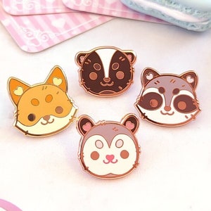Kawaii Kritters Mini Pins - raccoon, opossum, fox, skunk, rose gold copper hard enamel