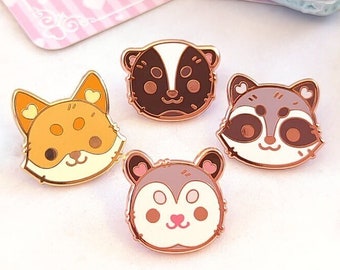Kawaii Kritters Mini Pins - raccoon, opossum, fox, skunk, rose gold copper hard enamel