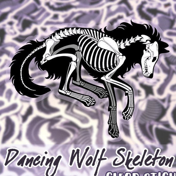Dancing Wolf Skeleton Sticker - Clear sticker, transparent background, vulture culture, canine, dog, skull, spooky scary, Halloween, spoopy