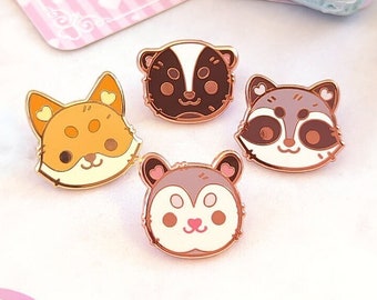 Kawaii Kritters Mini Pins - raccoon, opossum, fox, skunk, rose gold copper hard enamel