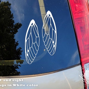 May include: A white vinyl decal of a pair of cicada wings on a car window. The decal is in the shape of two wings, one on each side of the window. The wings are detailed with veins and a textured pattern. The text "Left and right wings in White color" is visible below the decal.
