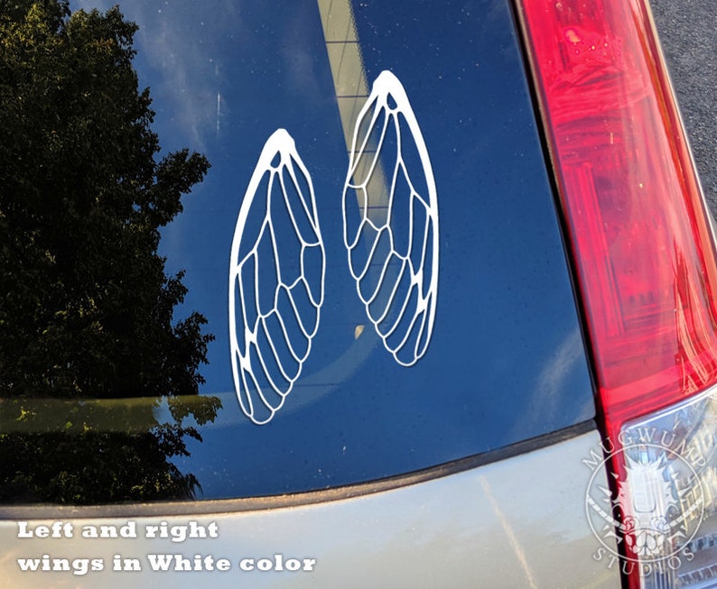 May include: A white vinyl decal of a pair of cicada wings on a car window. The decal is in the shape of two wings, one on each side of the window. The wings are detailed with veins and a textured pattern. The text "Left and right wings in White color" is visible below the decal.