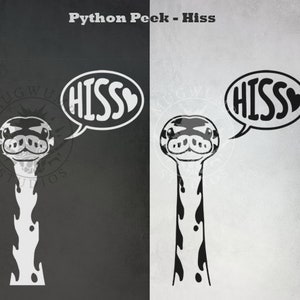 May include: Black and white illustration of a snake with a speech bubble that says "HISS". The snake has a heart-shaped eye and is looking at the viewer. The background is a split image of black and white.