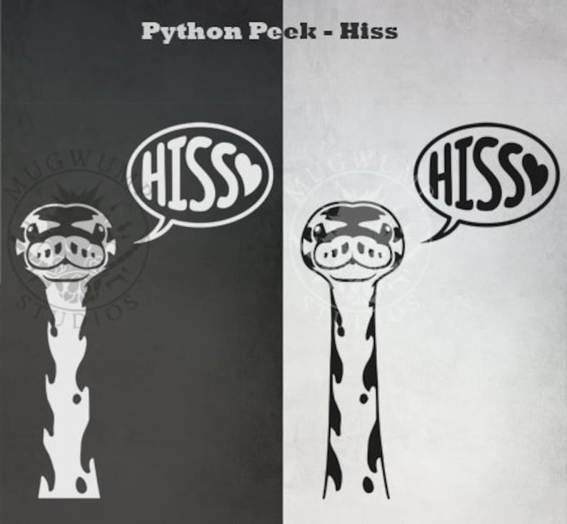May include: Black and white illustration of a snake with a speech bubble that says "HISS". The snake has a heart-shaped eye and is looking at the viewer. The background is a split image of black and white.