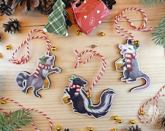Caroling Critters Christmas Ornaments - cute wooden xmas charm, raccoon, skunk, opossum