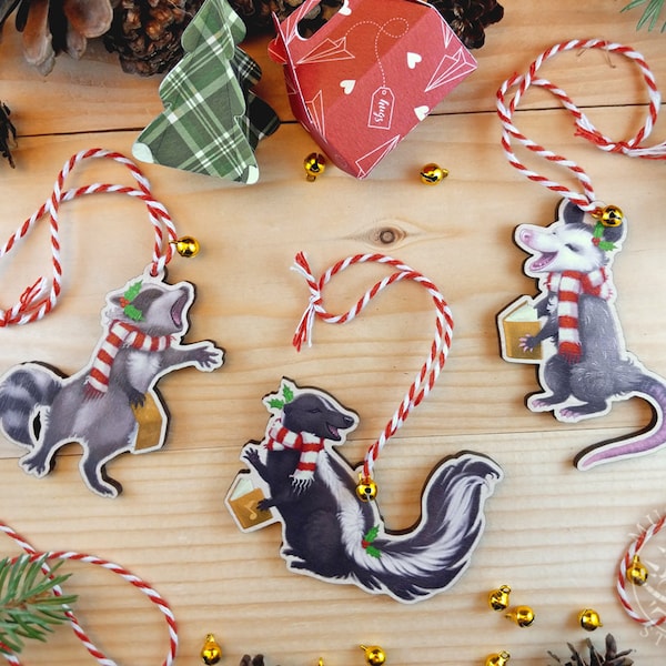 Caroling Critters Christmas Ornaments - cute wooden xmas charm, raccoon, skunk, opossum