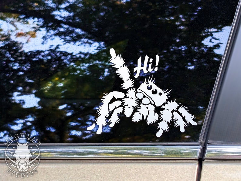 A photograph of a cute jumping spider decal. The jumping spider is looking up and raising one leg to wave a greeting. He says 'Hi!' The photograph is taken on a car window with a forest reflecting in the glass.