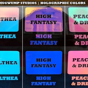 May include: Four rows of holographic stickers with different color gradients. The top row reads "Amalthea", the second row reads "Amalthea", the third row reads "Amalthea", and the fourth row reads "Amalthea". The second column reads "High Fantasy", the third column reads "Peaches & Dream", and the fourth column reads "Peaches & Dream".