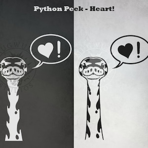 May include: Black and white illustration of a snake with a heart and exclamation point in a speech bubble. The text "Python Peek - Heart!" is at the top of the image.