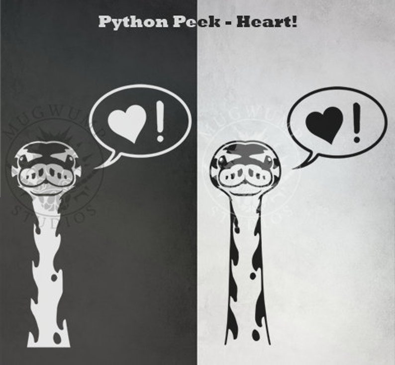 May include: Black and white illustration of a snake with a heart and exclamation point in a speech bubble. The text "Python Peek - Heart!" is at the top of the image.