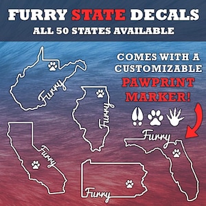 Furry Pride State Decals - pawprint, hoof print, home state bumper sticker for cars, laptops