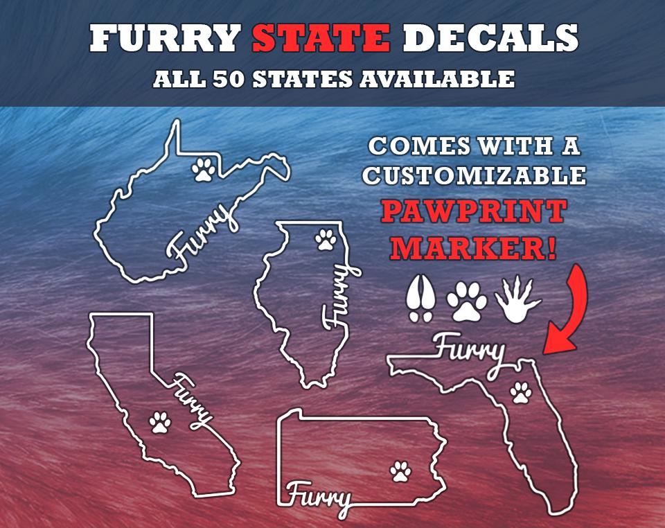 Furry Pride State Decals - pawprint, hoof print, home state bumper sticker for cars, laptops