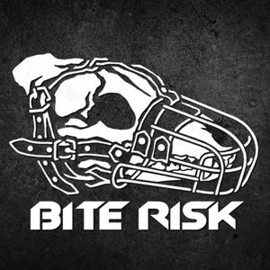 Puede incluir: Gráfico blanco de un bozal para perros con forma de calavera, con correas y una parte delantera en forma de jaula. El texto "BITE RISK" se muestra en letras mayúsculas blancas y en negrita debajo. El fondo es gris oscuro texturizado.