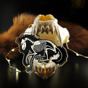 Peut inclure: Un charme en acrylique noir et blanc repr&eacute;sentant un loup squelette en train de courir. Le charme est suspendu &agrave; un cr&acirc;ne avec des dents.