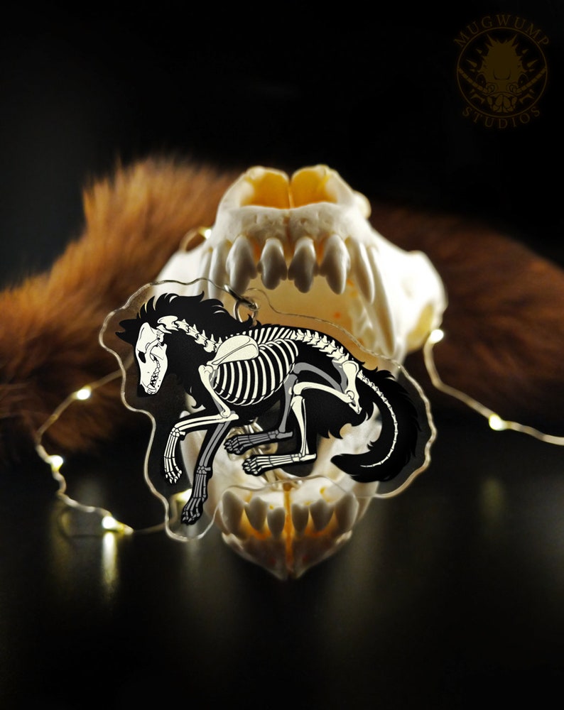 Peut inclure: Un charme en acrylique noir et blanc repr&eacute;sentant un loup squelette en train de courir. Le charme est suspendu &agrave; un cr&acirc;ne avec des dents.