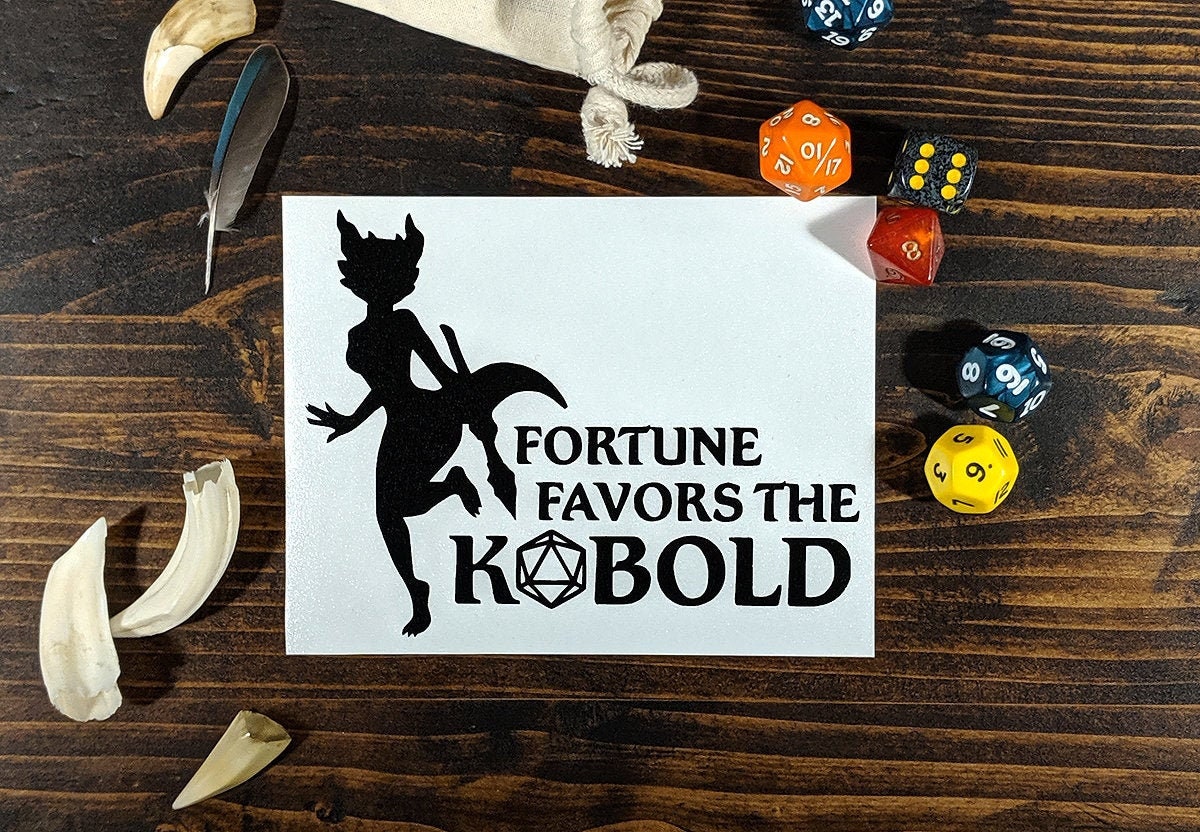 Fortune Favors The Kobold -  Gamer, Anthro, Nerdy, Furry vinyl decal, bumper sticker for cars, laptops