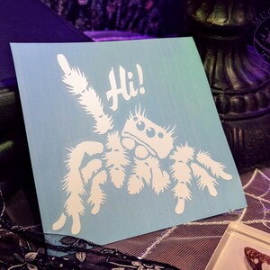 A photograph of a cute jumping spider decal. The jumping spider is looking up and raising one leg to wave a greeting. He says 'Hi!' The photograph is of the decal sitting top of a spiderweb lace tablecloth.