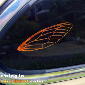 May include: A close-up of a car window with a gold-colored cicada wing decal. The decal is a right wing and is in the "Treasure Quest" color. The decal is on the back window of a car.