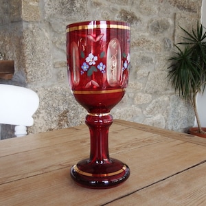 Bohemian Ruby Flash Cut Crystal Goblet: Hand-Painted Floral Vase