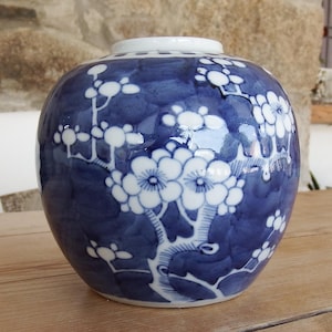 Antique Chinese Porcelain Prunus Kangxi Ginger Jar, Blue and White, Marked to Base.