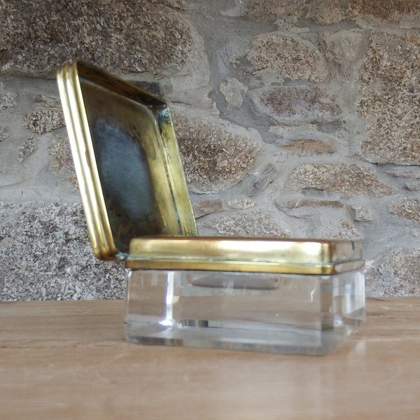 Antique 19th Century Square Glass Inkwell with Engraved Brass Lid